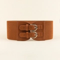 Elegant wide brown elastic waist belt with double golden metal buckle closure - Double Circular Hole Buckle Style / 543 Camel