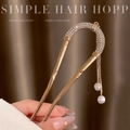 Épingle à cheveux en U dorée avec strass brillants, chaînes à pompons et perles - Épingle à Cheveux Entièrement en Strass avec Arc Frange et Perle Artificielle (40#)