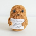 Handmade crochet positive potato doll with encouraging message card on white background - Large Potato Brown P
