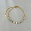 Bracciale minimalista in acciaio inossidabile placcato oro 18k con pietre verde chiaro e perla - Perla Abaco in Amazonite