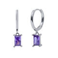 Macro detail of S925 silver hoop earrings featuring rectangular purple zircon stones - 53-Purple Rect