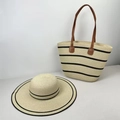 Natural straw sun hat and tote bag set with black stripes and brown leather handles - Hat & Bag Set / Big Stripe Beige Black