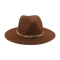 Chapeau de paille marron à large bord avec ruban perlé ethnique et ornements - Café