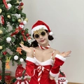 Red velvet 2025 Christmas outfit set with gold glitter glasses and accessories - Gold Round Frame 2025 Glasses