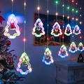 Cortina de luces LED navideñas con formas de árbol y figuritas de Papá Noel de colores - Versión con Parpadeo USB / Colorido