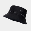 Detailed macro view of black outdoor bucket hat with breathable metal eyelets and sport cord - M (56-58cm) / Black