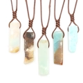 Handmade woven necklace with natural rectangle stones in earth tones and blue-green hues - Amazonite