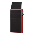 Detail of red RFID aluminum card holder showing pop-up mechanism and black fabric pocket - Side-push Red + Black Flat Sticker