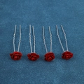Detail showing 4 pieces of red velvet rose U-shaped hair clips with wavy metal hairpins - Velvet Rose Style (FZ-001) / 4Pcs Set / Red