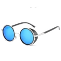 Steampunk round sunglasses with blue mirrored lenses and silver frames for a vintage look - Silver Frame Blue Mirror
