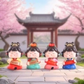 Set of 4 traditional Chinese style Tang lady resin figurines with festive scrolls - Small / Bobblehead Set (1056-13) / Set of 4 (2 Boxes)