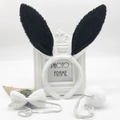 Detailed set of plush bunny ears headband, white bow tie and fluffy tail for party costumes - White & Black Plush
