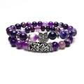 Two-piece purple agate beaded bracelet set with silver owl charm and vintage metal tubes - Purple Stripe Agate
