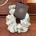 Elegant mint green oversized satin scrunchie with lace trim and handmade tag - Rose Satin Emerald Green