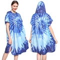 Blue and white tie-dye hooded microfiber beach poncho towel with zip for women - One Size / Button Style - Blue Tie-Dye