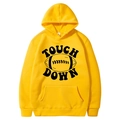 Bright yellow pullover hoodie featuring a black American football Touch Down print - S / Tops / Bright Yellow