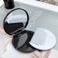 Portable chocolate cookie style black folding mirror with a white mini comb set - Dark Coffee