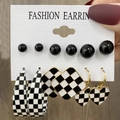 5-piece gold earring set with black and white checkerboard patterns and pearls - E052/Checkerboard / Black&White/Gold
