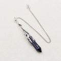 Blue goldstone hexagonal crystal pendulum with hollow silver-tone metal cap and chain - Synthetic Blue Goldstone