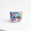Macro view of colorful resin owl figurine with marble texture and large clear eyes - Abalone Shell