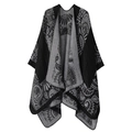 Detail of black and gray knit shawl with paisley pattern and stitched edge finish - One Size / Paisley Cartoon-Black Grey