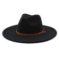 Macro detail of black wool fedora featuring a flat wide brim and brown leather band - M (56-58cm) / Black