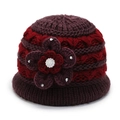 Women's winter knit bucket hat in dark purple and reddish brown with floral detail - One Size / Purple
