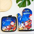 Blue Christmas oven mitt and pot holder set with Merry Christmas Santa print - H017 Blue Santa