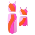 Three-piece color-block swimsuit with irregular skirt in pink, orange and rose red hues - Q240901 / 104