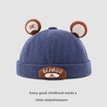 Navy blue corduroy baby skull cap with cute bear patch and soft brown ears decoration - 50-52cm / Blue