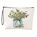 Portable floral makeup bag with watercolor eucalyptus leaf print and black handle - Blue Glass Bottle Plant Illustration Style (xy-008-03) / With Strap