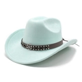 Detail of light green faux suede cowboy hat with brown leather band and silver studs - M (56-59cm) / Light Green