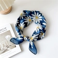 Soft navy blue cotton linen square scarf featuring elegant white daisy floral prints - 10 Cotton - Chrysanthemum Blue