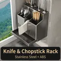 Gunmetal stainless steel kitchen organizer with knife slots and utensil drainage tray - Gun Grey Stainless Steel 3-Slot Knife and Chopstick Holder (Dual Use)