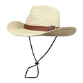 Men's Western Cowboy Straw Hat with Leather Band and Adjustable Windproof Chin Strap - M (56-58cm) / Beige