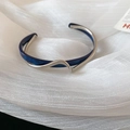 Adjustable open cuff bracelet with silver wave metal and dark blue marble resin finish - Silver with Deep Blue Marble Style