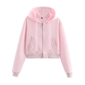 Dettaglio di una felpa corta rosa con cappuccio, cerniera lampo e pratiche tasche frontali - S / Felpa con cappuccio / Top Rosa