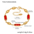 Gold stainless steel bracelet with red oval Czech glass stones and lobster clasp - 16+5cm / Gold with Red Stone