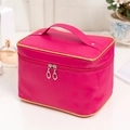 Rose red large satin makeup bag with double gold zipper and portable handle - Rose Red with Gold Trim