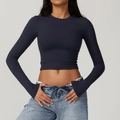 Tight long-sleeve navy blue cropped yoga top in quick-dry fabric shown on model - S / Iron Grey