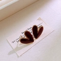 Macro detail of French vintage style heart stud earrings with burgundy enamel and gold trim - Brown Red (Steel Pin)