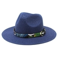 Navy blue woven fedora sun hat with vibrant snakeskin band and gold buckle detail - M (56-58cm) / Navy Blue