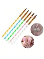 Set de 5 pinceaux nail art avec manches spirales pailletés pour dessin et sculpture - Lot de 5 Pinceaux à Ongles Tige Cristal / Or