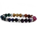 Colorful 8mm tiger eye gemstone bead bracelet with textured silver metallic spacers - 7 Chakra Tiger Eye Bracelet