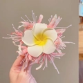 Exotic plumeria hair clip with ivory petals and soft pink feather accents for summer - Pink Lycoris