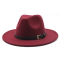 Close-up of wine red fedora hat featuring wool felt texture and black leather belt buckle - Burgundy
