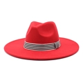 Classic red wool fedora hat with a stylish black and white striped grosgrain band - M (56-58cm) / Red