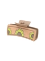 Brown western cowboy style leather hair claw clip featuring green sunflower patterns - Brown Yellow-Green Sunflower Embossing (90122)