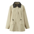 Women's khaki long utility jacket with contrast brown leather collar and waist drawstring - S / Off White
