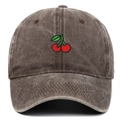 Detailed view of red cherry embroidery on vintage washed cotton baseball cap - Coffee